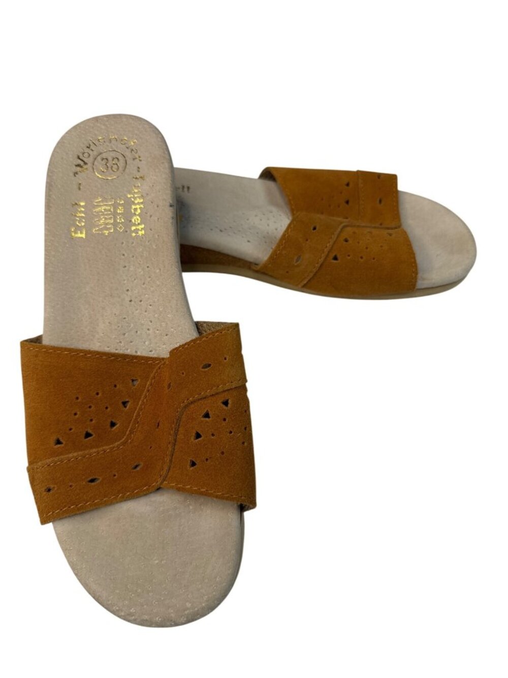 Wörishofer Womens Size 38 Tan Suede Slide Sandals Cork Wedge Comfort Shoes